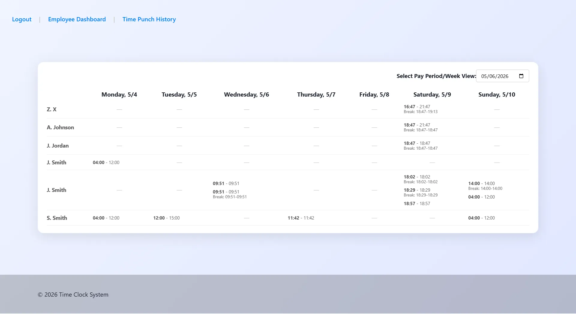 TimePunch administrative dashboard