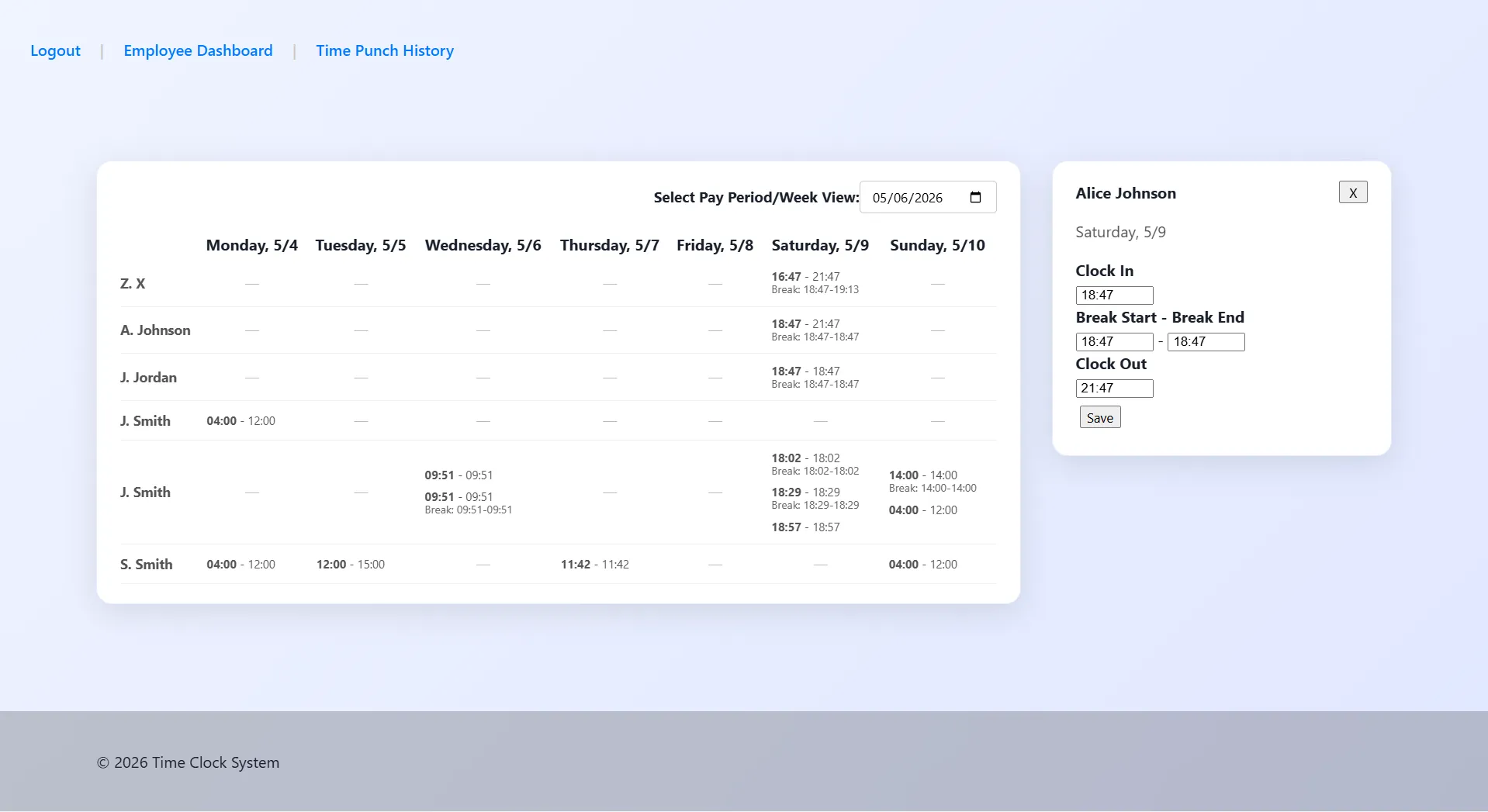TimePunch administrative reporting screen