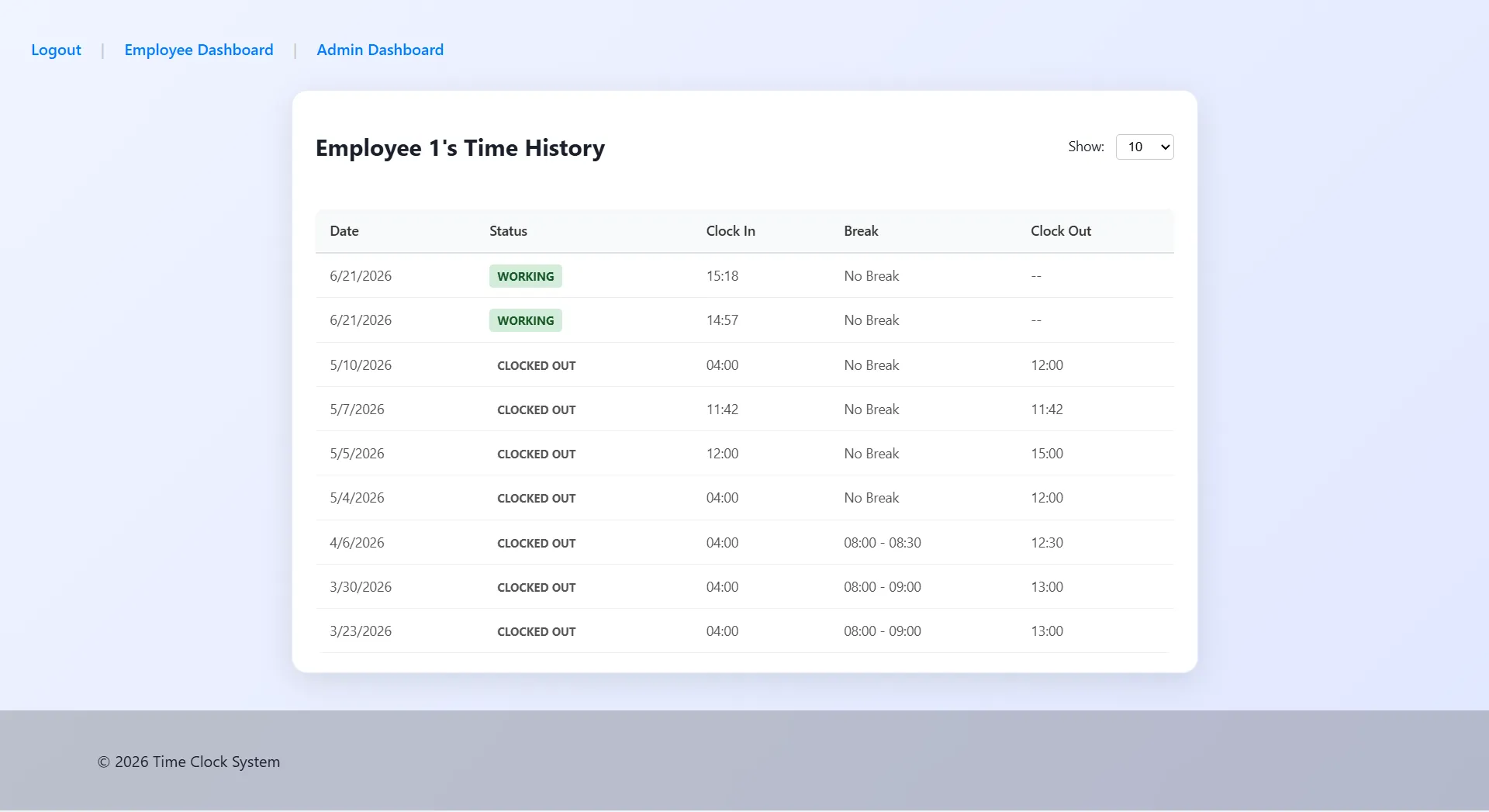 Employee shift-history screen