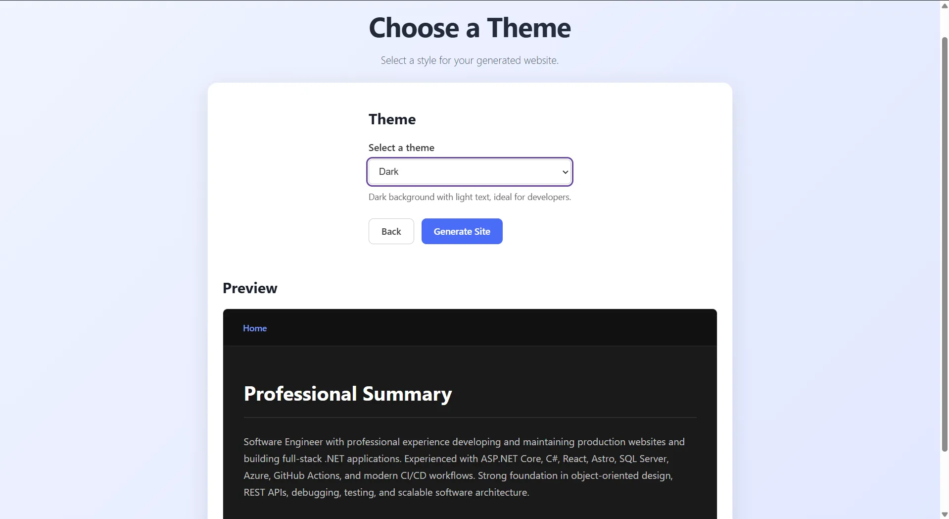 Portfolio Generator theme-selection interface