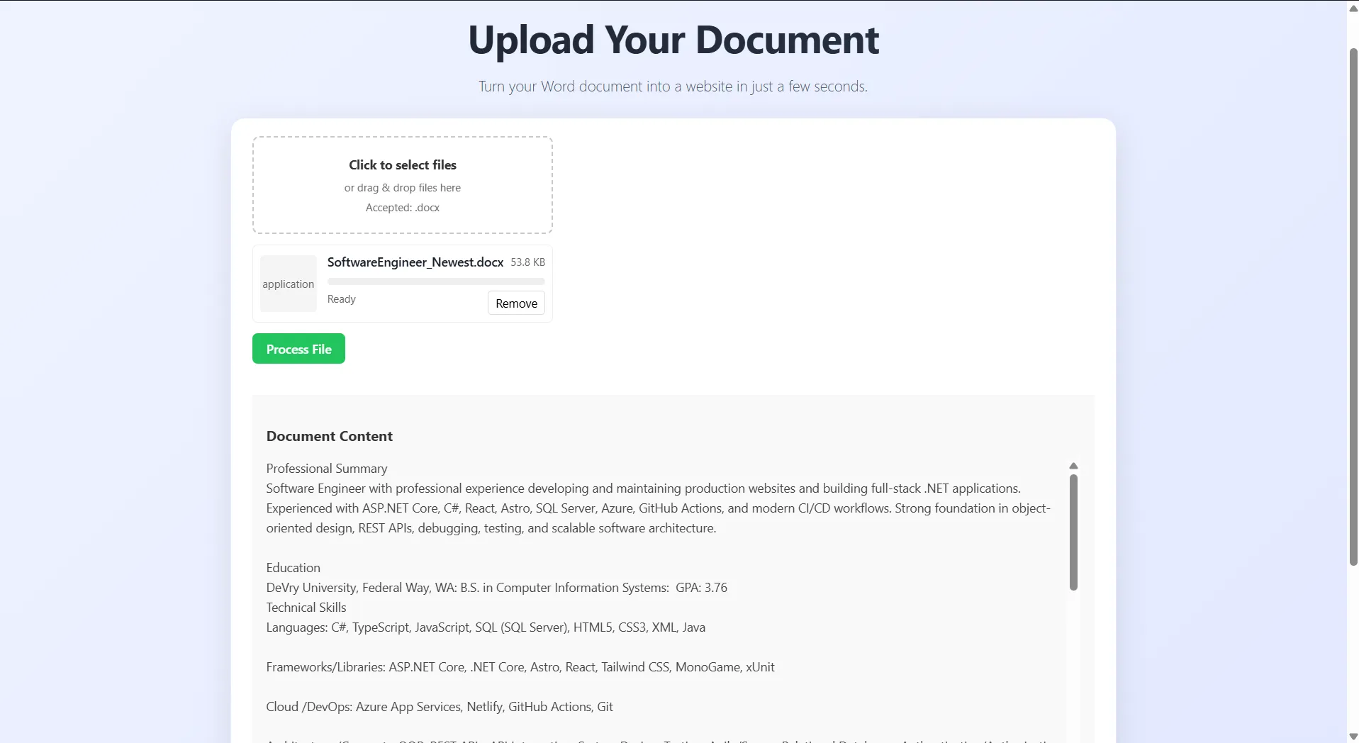 Portfolio Generator upload interface with document preview